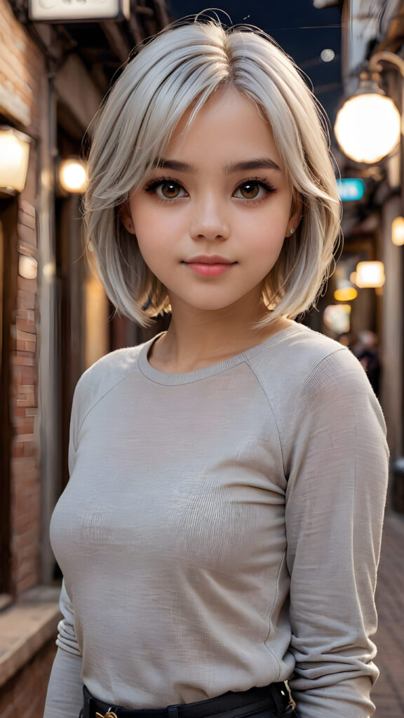 ((upper body)) of ((cute)) ((attractive)) ((gorgeous)) ((stunning)) a beautifully realistic, cinematic lights, teen girl, 13 years old, bangs haircut, detailed straight (platinum white) hair, realistic detailed round face, ((realistic detailed brown eye)) looks at the camera, warm smile, perfect curved, wears a super short tight (grey shirt), perfect anatomy, side perspective