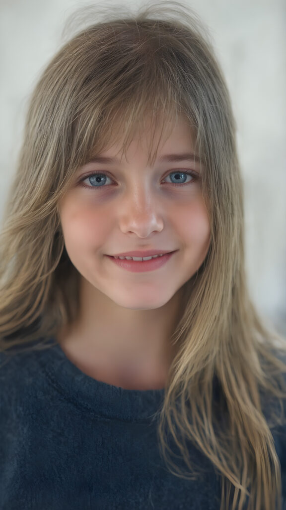 upper body portrait from a (((beautiful young girl, radiates a happiness, warm smile with white teeth))), with flowing, (((soft long straight brown hair))), gentle and inviting (((dark blue eyes))), that convey a sense of innocence and wonder, paired with delicate, ((almond skin)), which gives off a faintly pink glow, accompanied by full, softly rosy lips, that emit a warm, friendly smile. She is dressed in a sleek, ((blue sweater made of fine wool)), looks directly at the viewer in a (full body shot), exuding just the right amount of youthful charm