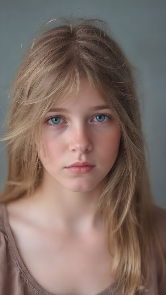 upper body portrait shot, a innocent teen girl with a round face, tousled, frizzy long copper hair, full lips and deep blue eyes, super realistic face, grey backdrop