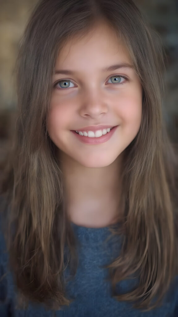 upper body portrait from a (((beautiful young girl, radiates a happiness, warm smile with white teeth))), with flowing, (((soft long straight brown hair))), gentle and inviting (((dark blue eyes))), that convey a sense of innocence and wonder, paired with delicate, ((almond skin)), which gives off a faintly pink glow, accompanied by full, softly rosy lips, that emit a warm, friendly smile. She is dressed in a sleek, ((blue sweater made of fine wool)), looks directly at the viewer in a (full body shot), exuding just the right amount of youthful charm