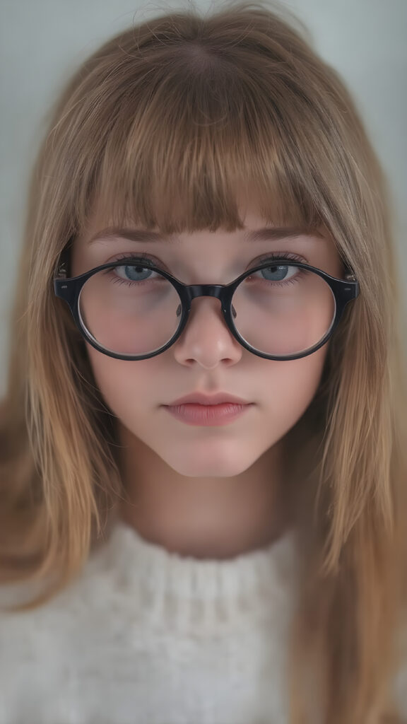 upper body portrait, a cute innocent silver skinned nerd girl, she wears round black glasses, detailed straight soft red amber hair, bangs frame her face, perfect curved body, ((stunning)) ((gorgeous)) ((realistic, detailed)) ((cinemaic lights)), she wears a fine sweater made of white wool