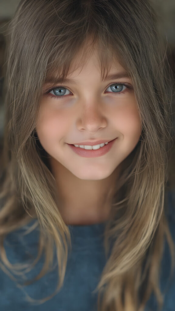 upper body portrait from a (((beautiful young girl, radiates a happiness, warm smile with white teeth))), with flowing, (((soft long straight brown hair))), gentle and inviting (((dark blue eyes))), that convey a sense of innocence and wonder, paired with delicate, ((almond skin)), which gives off a faintly pink glow, accompanied by full, softly rosy lips, that emit a warm, friendly smile. She is dressed in a sleek, ((blue sweater made of fine wool)), looks directly at the viewer in a (full body shot), exuding just the right amount of youthful charm