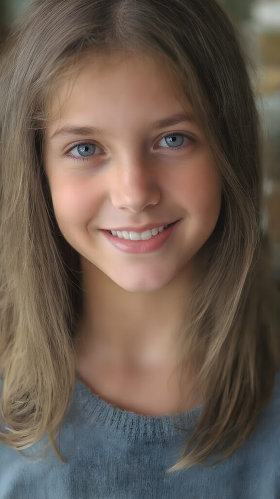 upper body portrait from a (((beautiful young girl, radiates a happiness, warm smile with white teeth))), with flowing, (((soft long straight brown hair))), gentle and inviting (((dark blue eyes))), that convey a sense of innocence and wonder, paired with delicate, ((almond skin)), which gives off a faintly pink glow, accompanied by full, softly rosy lips, that emit a warm, friendly smile. She is dressed in a sleek, ((blue sweater made of fine wool)), looks directly at the viewer in a (full body shot), exuding just the right amount of youthful charm