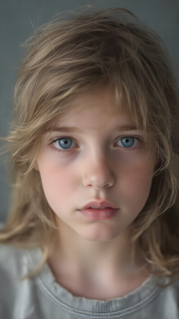 upper body portrait shot, a innocent teen girl with a round face, tousled, frizzy long copper hair, full lips and deep blue eyes, super realistic face, grey backdrop