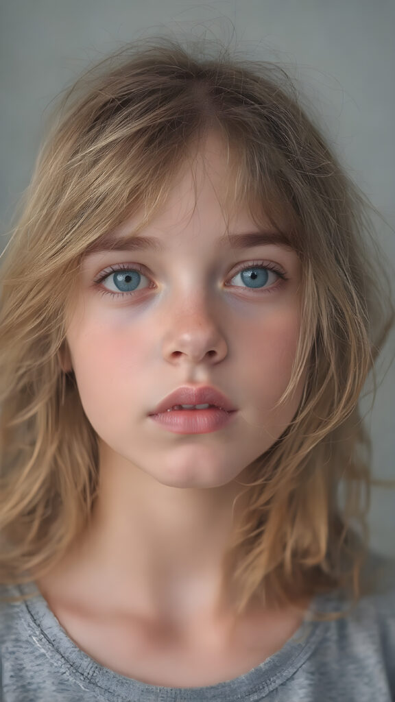 upper body portrait shot, a innocent teen girl with a round face, tousled, frizzy long copper hair, full lips and deep blue eyes, super realistic face, grey backdrop