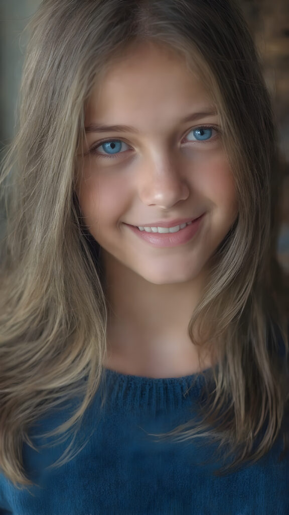 upper body portrait from a (((beautiful young girl, radiates a happiness, warm smile with white teeth))), with flowing, (((soft long straight brown hair))), gentle and inviting (((dark blue eyes))), that convey a sense of innocence and wonder, paired with delicate, ((almond skin)), which gives off a faintly pink glow, accompanied by full, softly rosy lips, that emit a warm, friendly smile. She is dressed in a sleek, ((blue sweater made of fine wool)), looks directly at the viewer in a (full body shot), exuding just the right amount of youthful charm