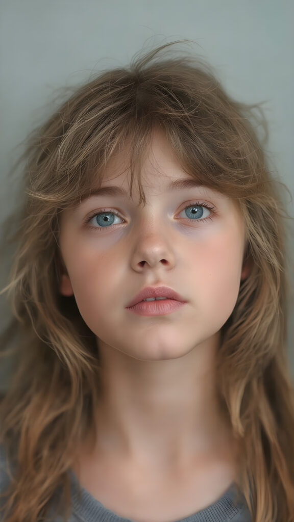 upper body portrait shot, a innocent teen girl with a round face, tousled, frizzy long copper hair, full lips and deep blue eyes, super realistic face, grey backdrop