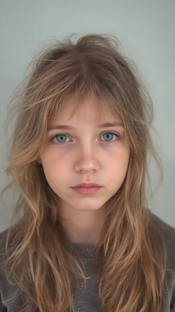 upper body portrait shot, a innocent teen girl with a round face, tousled, frizzy long copper hair, full lips and deep blue eyes, super realistic face, grey backdrop