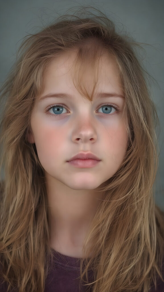 upper body portrait shot, a innocent teen girl with a round face, tousled, frizzy long copper hair, full lips and deep blue eyes, super realistic face, grey backdrop