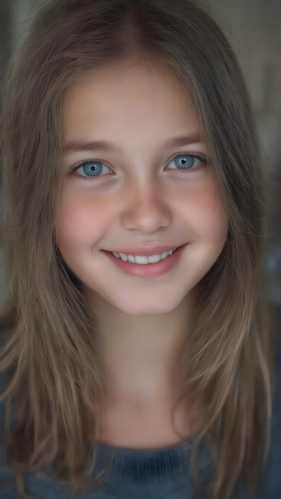 upper body portrait from a (((beautiful young girl, radiates a happiness, warm smile with white teeth))), with flowing, (((soft long straight brown hair))), gentle and inviting (((dark blue eyes))), that convey a sense of innocence and wonder, paired with delicate, ((almond skin)), which gives off a faintly pink glow, accompanied by full, softly rosy lips, that emit a warm, friendly smile. She is dressed in a sleek, ((blue sweater made of fine wool)), looks directly at the viewer in a (full body shot), exuding just the right amount of youthful charm