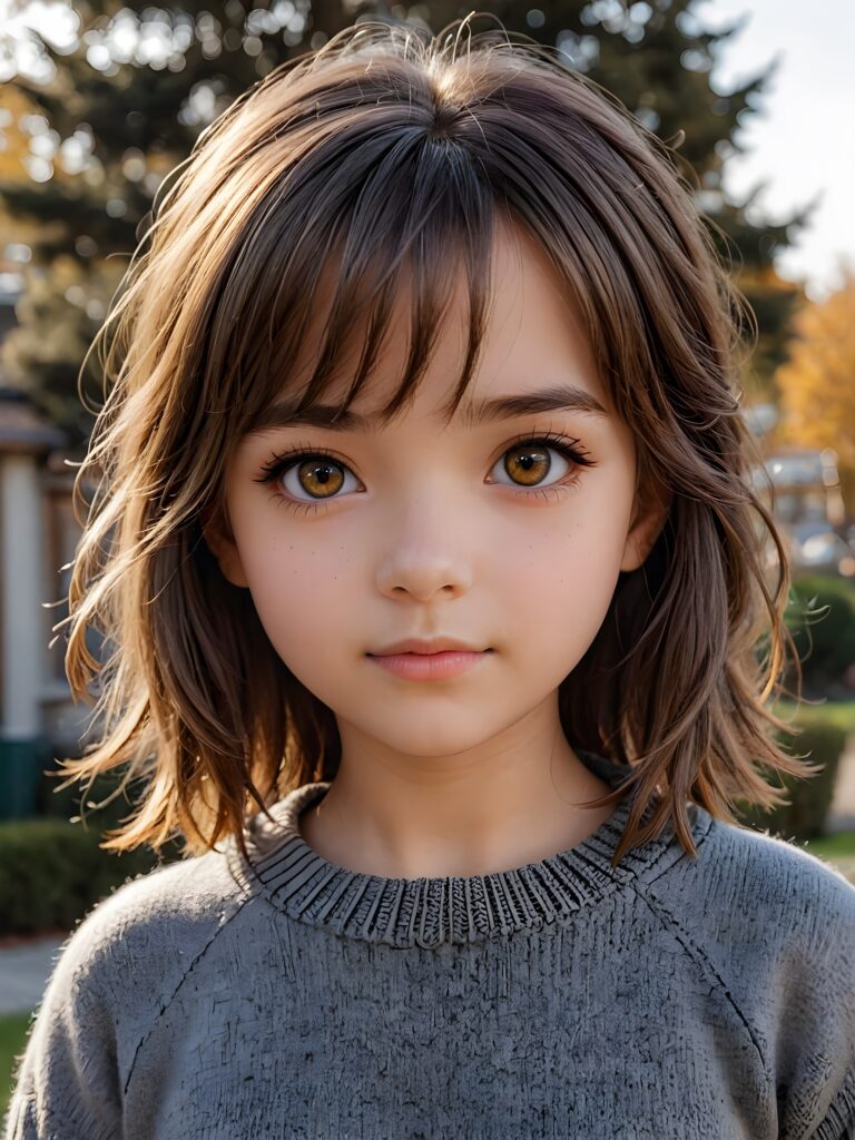 very cute 13 years old girl, bangs cut, chibi looks, realistic detailed hair, realistic amber eyes, looks at the camera, detailed face, portrait shot, wears a short grey wool sweater