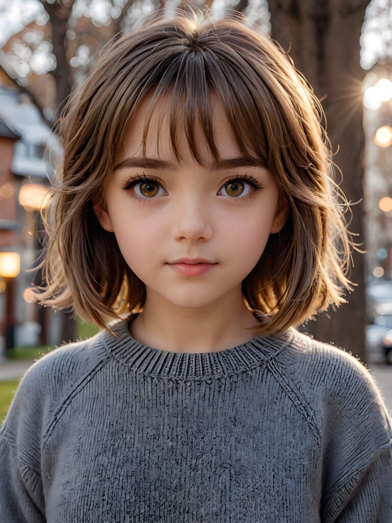 very cute 13 years old girl, bangs cut, chibi looks, realistic detailed hair, realistic amber eyes, looks at the camera, detailed face, portrait shot, wears a short grey wool sweater