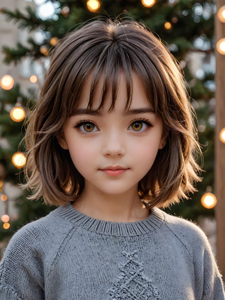 very cute 13 years old girl, bangs cut, chibi looks, realistic detailed hair, realistic amber eyes, looks at the camera, detailed face, portrait shot, wears a short grey wool sweater