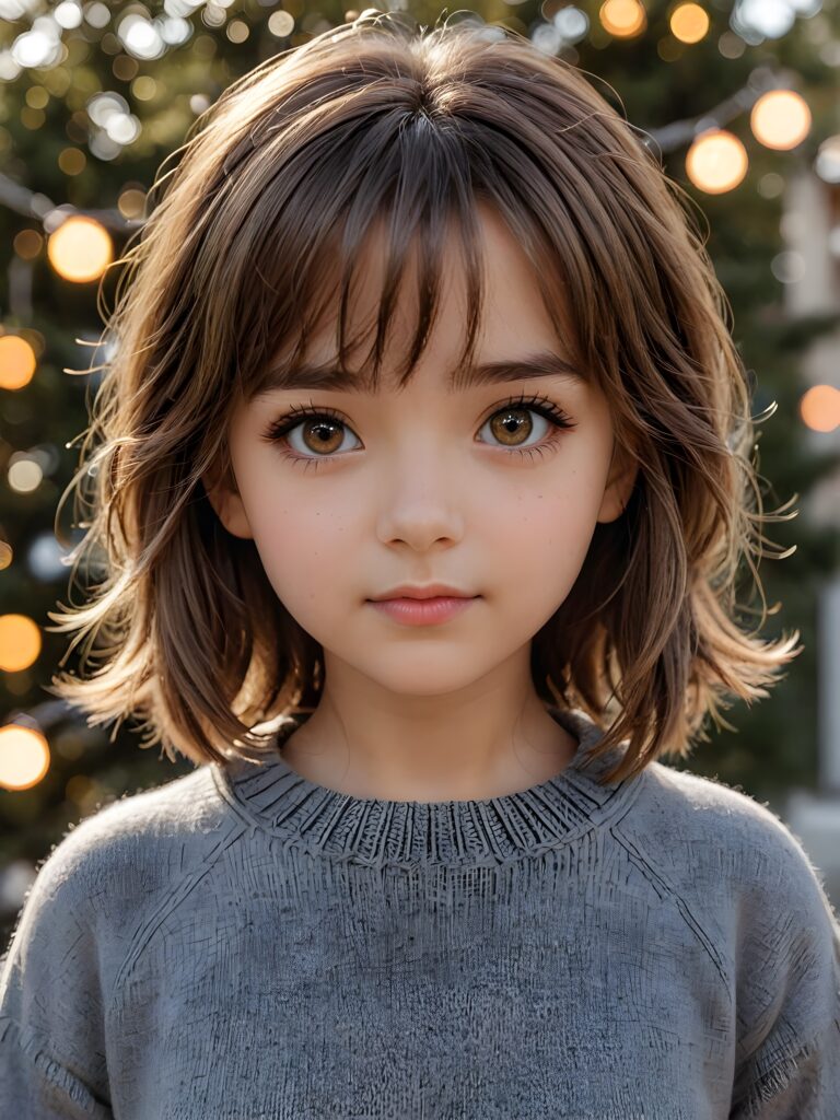 very cute 13 years old girl, bangs cut, chibi looks, realistic detailed hair, realistic amber eyes, looks at the camera, detailed face, portrait shot, wears a short grey wool sweater