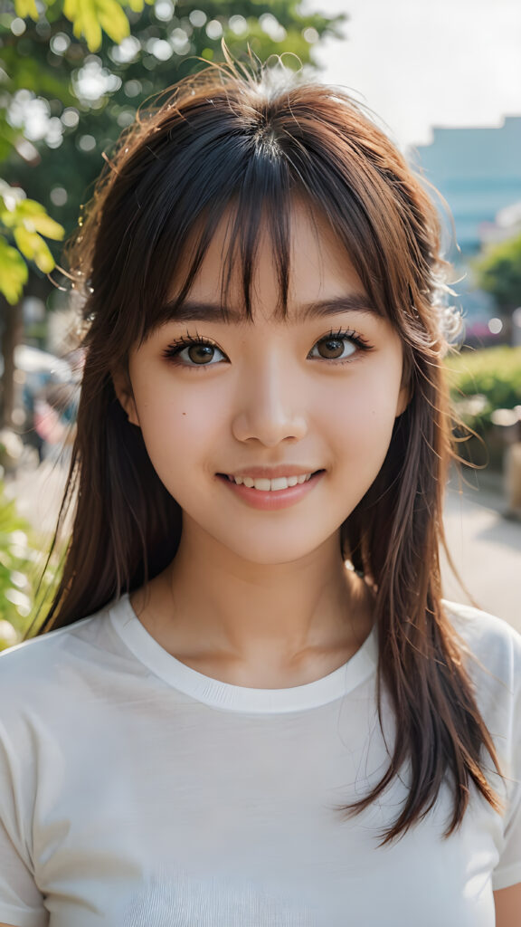 very cute 18 years old Asia girl, long hair, Korean styled bangs, perfect detailed hair, detailed eyes, looks at the camera and smile, wear short tight white t-shirt