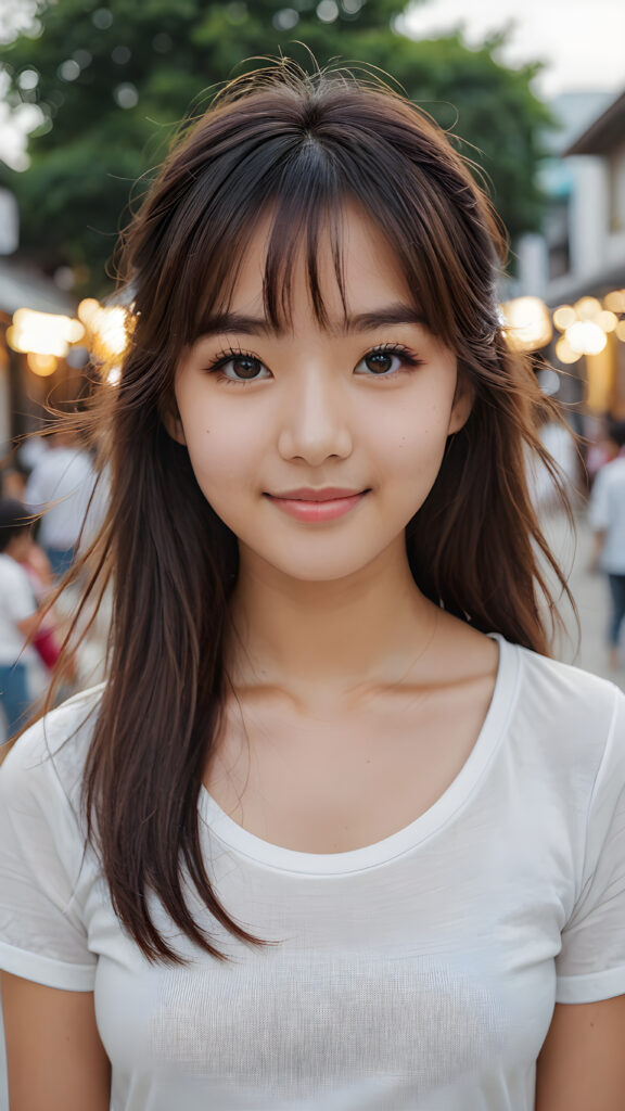 very cute 18 years old Asia girl, long hair, Korean styled bangs, perfect detailed hair, detailed eyes, looks at the camera and smile, wear short tight white t-shirt