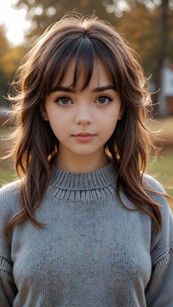 very cute girl, bangs cut, realistic detailed hair, realistic amber eyes, looks at the camera, detailed face, portrait shot, wears a short grey wool sweater