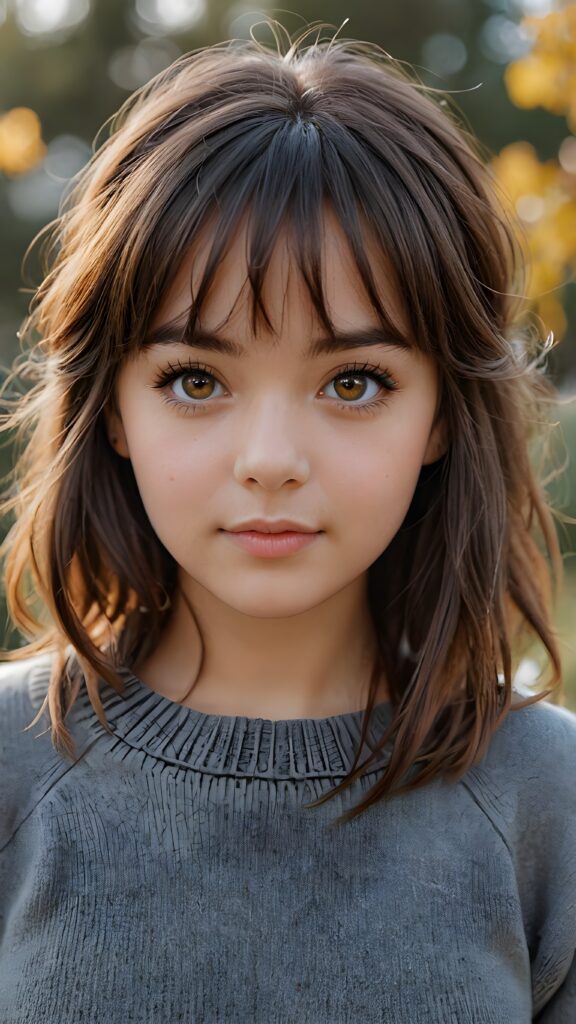 very cute girl, bangs cut, realistic detailed hair, realistic amber eyes, looks at the camera, detailed face, portrait shot, wears a short grey wool sweater