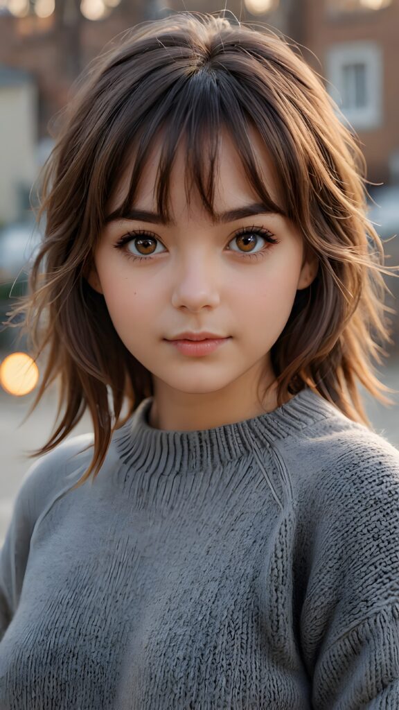 very cute girl, bangs cut, realistic detailed hair, realistic amber eyes, looks at the camera, detailed face, portrait shot, wears a short grey wool sweater