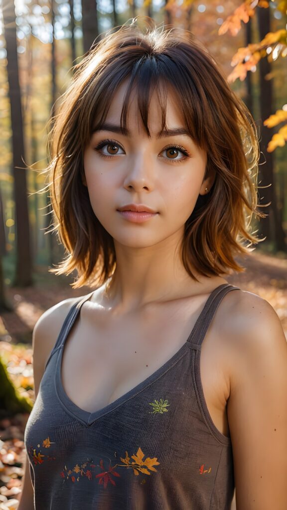 very cute girl, bangs cut, realistic detailed hair, realistic amber eyes, looks at the camera, detailed face, portrait shot, wears a short tank top that support her perfect body, deep v-neck, ((in the background a colorful forest in autumn, the sun shines through the faint fog))