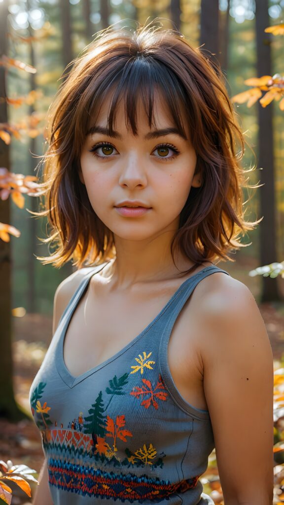 very cute girl, bangs cut, realistic detailed hair, realistic amber eyes, looks at the camera, detailed face, portrait shot, wears a short tank top that support her perfect body, deep v-neck, ((in the background a colorful forest in autumn, the sun shines through the faint fog))