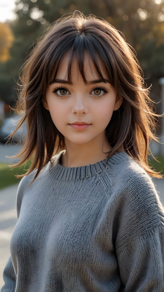 very cute girl, bangs cut, realistic detailed hair, realistic amber eyes, looks at the camera, detailed face, portrait shot, wears a short grey wool sweater