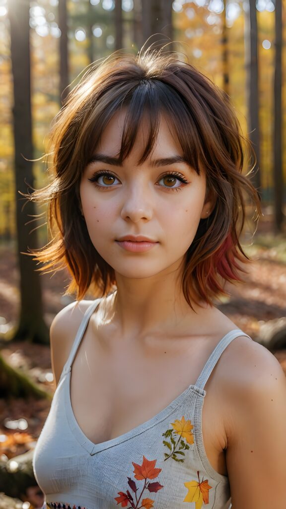 very cute girl, bangs cut, realistic detailed hair, realistic amber eyes, looks at the camera, detailed face, portrait shot, wears a short tank top that support her perfect body, deep v-neck, ((in the background a colorful forest in autumn, the sun shines through the faint fog))