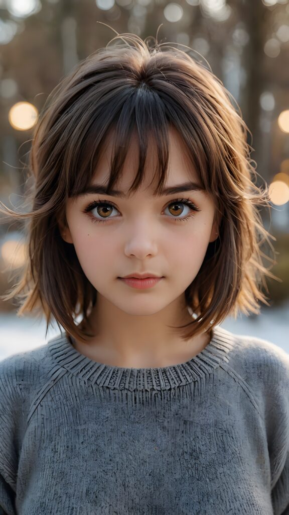 very cute girl, bangs cut, realistic detailed hair, realistic amber eyes, looks at the camera, detailed face, portrait shot, wears a short grey wool sweater