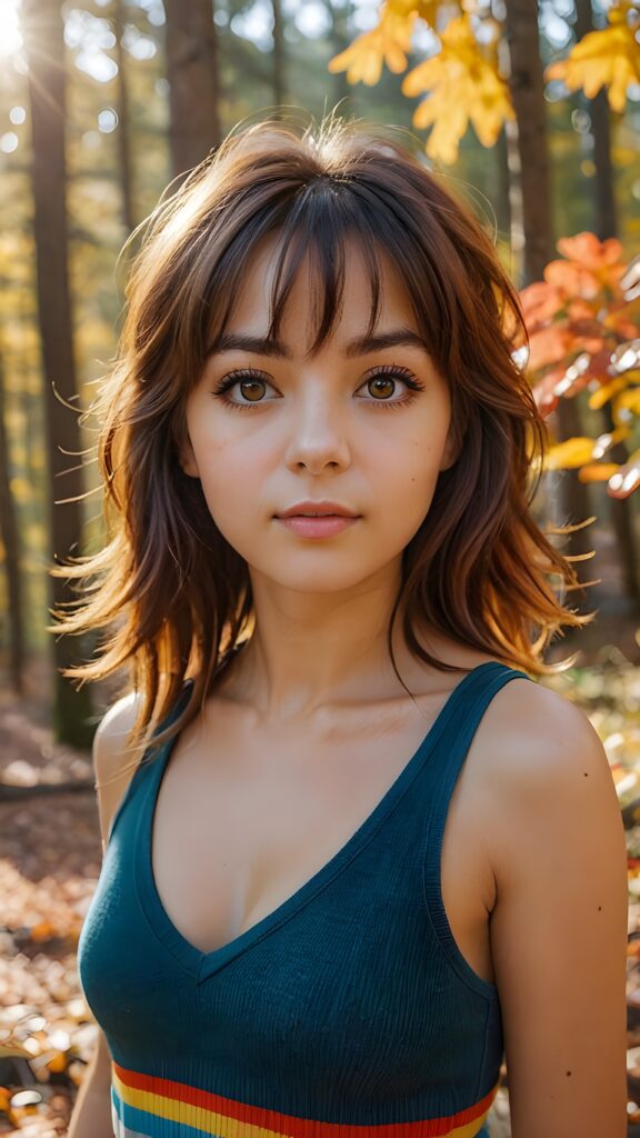 very cute girl, bangs cut, realistic detailed hair, realistic amber eyes, looks at the camera, detailed face, portrait shot, wears a short tank top that support her perfect body, deep v-neck, ((in the background a colorful forest in autumn, the sun shines through the faint fog))