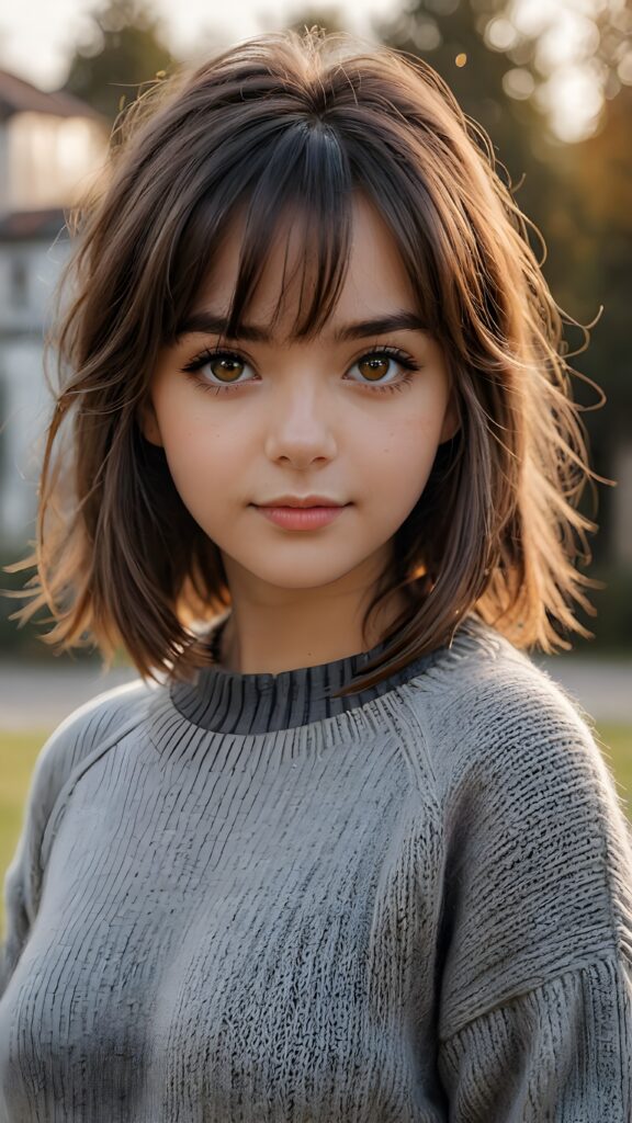 very cute girl, bangs cut, realistic detailed hair, realistic amber eyes, looks at the camera, detailed face, portrait shot, wears a short grey wool sweater