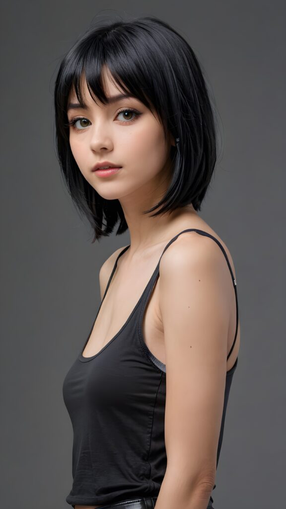 (((visualize a 3d picture))) of a (((cute teen emo girl))) with a ((((shoulder-length soft obsidian black straight hair)))), which perfectly styled and framed her face in (((side-swept bangs))), ((Bob cut)), and ((piercing eyes)), accompanied by a sleek and stylish (((tank top))). The scene is cropped from a (full-body view) to a (close-up of the girl), emphasizing her intricate details and expressing a sense of empathy and loneliness in the (((grey background))), side view