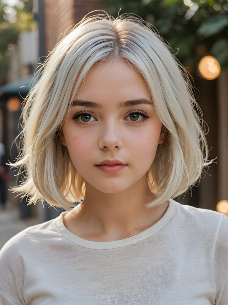 visualize a (((beautiful drawning))), capturing a (teen girl with long, flowing white hair, styled in a (short bob cut), her face framed by a short, bang-like fringe), and short, detailed facial features, facing forward with a serene expression, wearing a short, crop t-shirt against a (detailed, realistic backdrop)