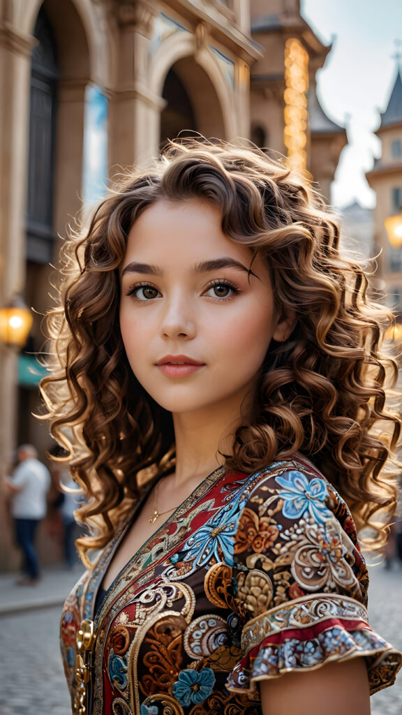 visualize a (((digital masterpiece))) with intricate ((details and patterns)) that evoke a sense of wonder, fantastical structures and colors interwoven with a (((vividly drawn girl))) whose flowing brown curls match, luxurious surroundings