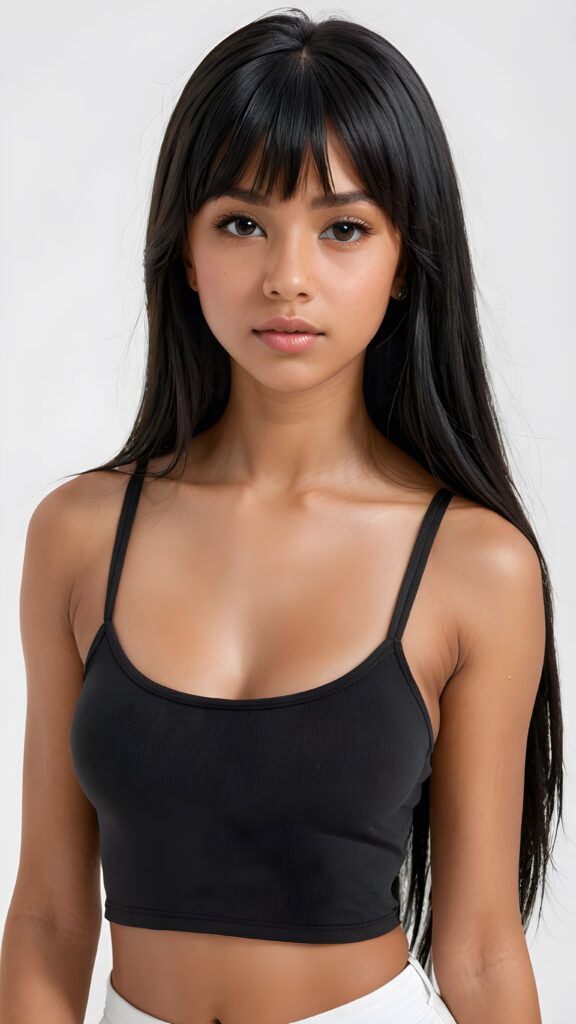 (((visualize a 3d picture))) of a (((cute tanned Latino teen girl))) with ((((long soft obsidian black straight hair)))), and framed her face in (((side-swept bangs))), and ((piercing eyes)), accompanied by a sleek (((cropped spaghetti tank top))). The scene is cropped from a (close-up of the girl), emphasizing her intricate details and expressing a sense of empathy and loneliness in the (((white backdrop)))