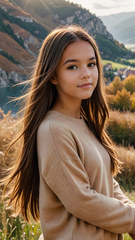 visualize a (((vividly beautiful scene))) where a (((cute tanned teen girl with super long straight jet brown hair))), wears a soft fine sweater made of wool, against a backdrop of a serene, (ethereal landscape)