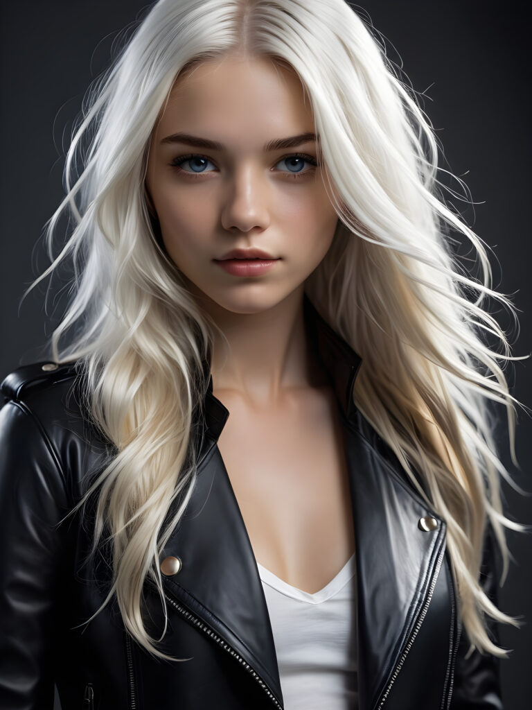 visualize a (((teen girl with flowing, white long soft hair and a perfectly curved figure))), dressed in a (((tight, black leather jacket))), combining mashup styles like (softly tinted gray and light bronze), with a soft focus technique that gives an (edgy yet soft look), pairing with (dark, crisp white and ink blue) for soft edges, creating an eye-catching overall aesthetic against a (subtle, grey backdrop)