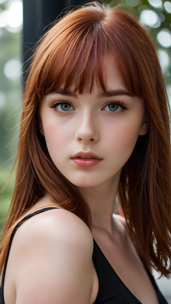 visualize a (((really detailed young teenage girl with long, soft straight red hair framing her face in classic bangs, her lips looking seductively parted against a (translucent, otherworldly backdrop))), dressed in a sleek, black tank top that accentuates every curve of her stunningly beautiful form, against a backdrop that suggests an ethereal mist, close up portrait