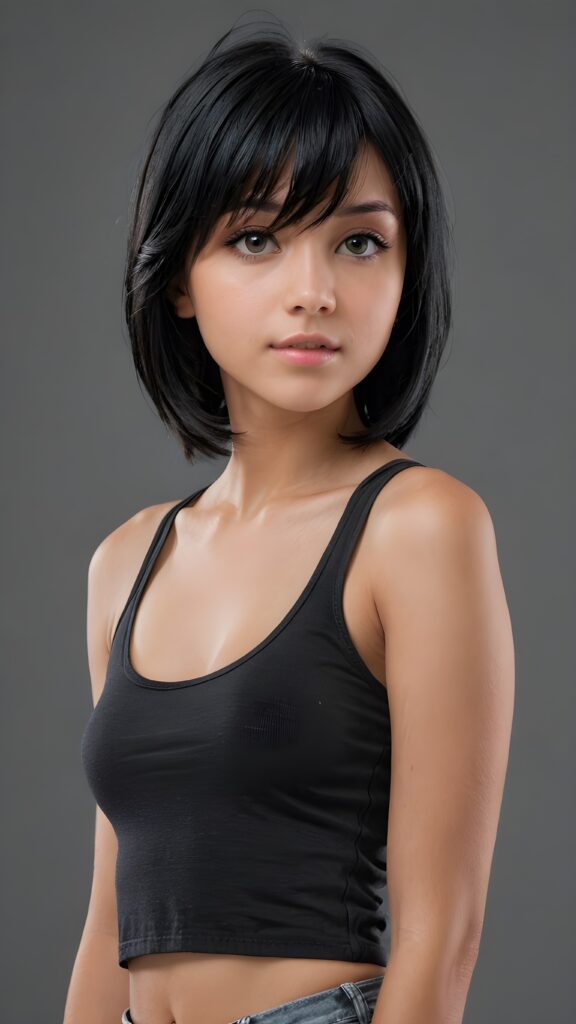 (((visualize a 3d picture))) of a (((cute teen emo girl))) with a ((((shoulder-length soft obsidian black straight hair)))), which perfectly styled and framed her face in (((side-swept bangs))), ((Bob cut)), and ((piercing eyes)), accompanied by a sleek and stylish (((tank top))). The scene is cropped from a (full-body view) to a (close-up of the girl), emphasizing her intricate details and expressing a sense of empathy and loneliness in the (((grey background))), side view