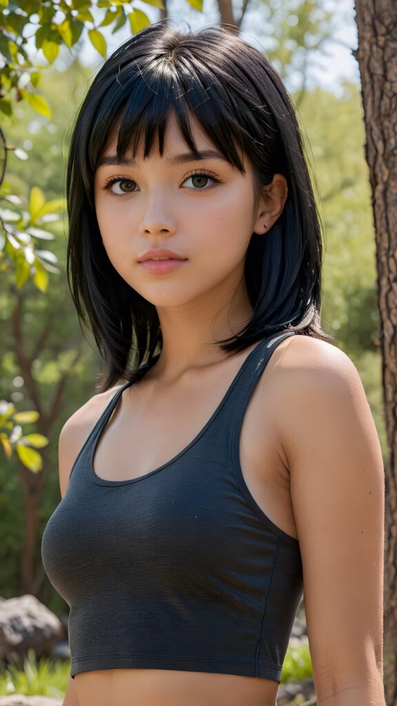 (((visualize a 3d picture))) of a (((cute teen girl))) with a ((((shoulder-length soft obsidian black straight hair)))), which perfectly styled and framed her face in (((side-swept bangs))), and ((piercing eyes)), accompanied by a sleek (((cropped tank top))). The scene is cropped from a (full-body view) to a (close-up of the girl), emphasizing her intricate details and expressing a sense of empathy and loneliness in the (((natural spring backdrop)))