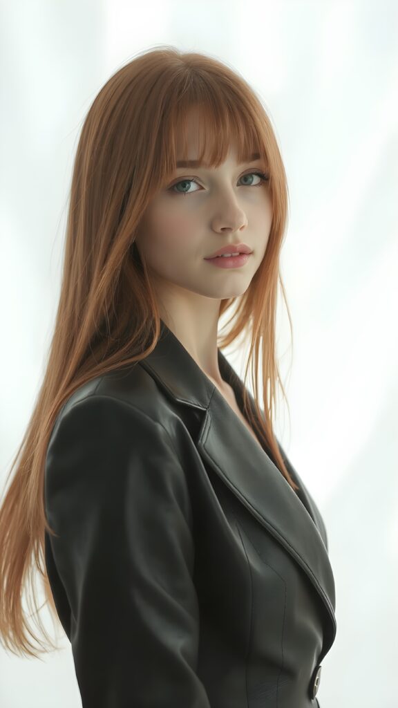 visualize a (((realistically detailed young teenage girl with long, soft straight red hair, framing her face with flowing, dark thin leather suit that expertly accentuates her stunningly gorgeous figure)), posed against a (translucent, ethereal white backdrop)