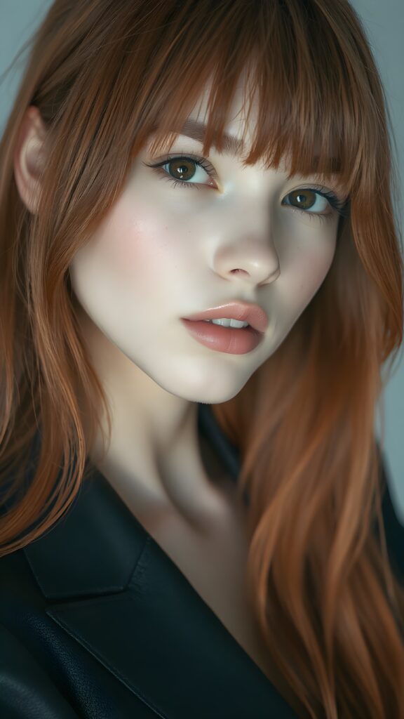 visualize a 1:3 portrait (((realistically detailed young teenage girl with long, soft straight red hair, bangs cut, framing her face with flowing, dark thin leather suit that expertly accentuates her stunningly gorgeous figure)), full kissable lips, posed against a (translucent, ethereal white backdrop)