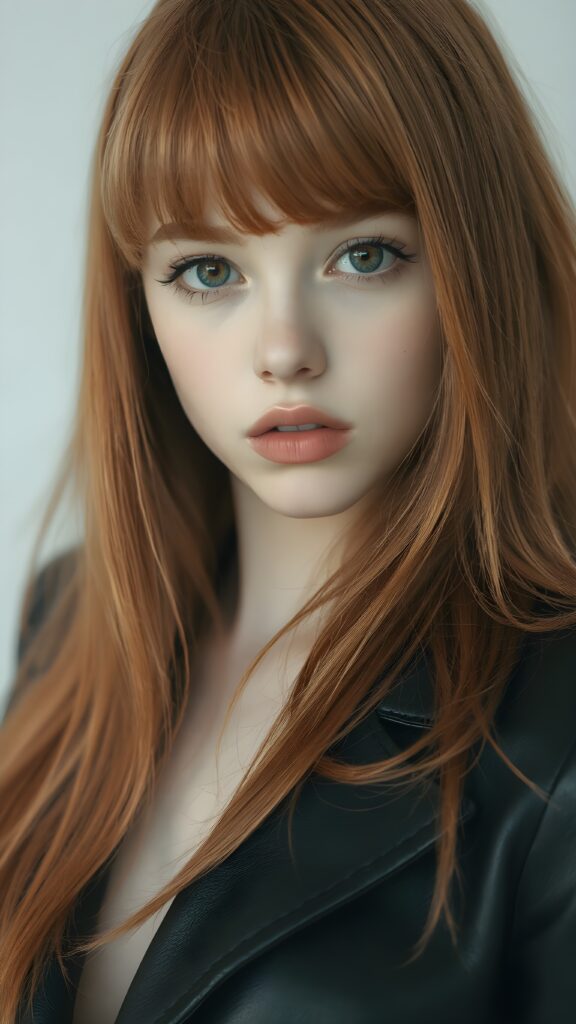 visualize a 1:3 portrait (((realistically detailed young teenage girl with long, soft straight red hair, bangs cut, framing her face with flowing, dark thin leather suit that expertly accentuates her stunningly gorgeous figure)), full kissable lips, posed against a (translucent, ethereal white backdrop)