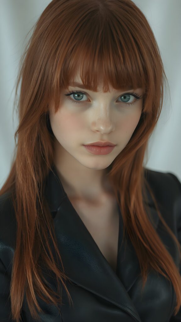 visualize a 1:3 portrait (((realistically detailed young teenage girl with long, soft straight red hair, bangs cut, framing her face with flowing, dark thin leather suit that expertly accentuates her stunningly gorgeous figure)), full kissable lips, posed against a (translucent, ethereal white backdrop)