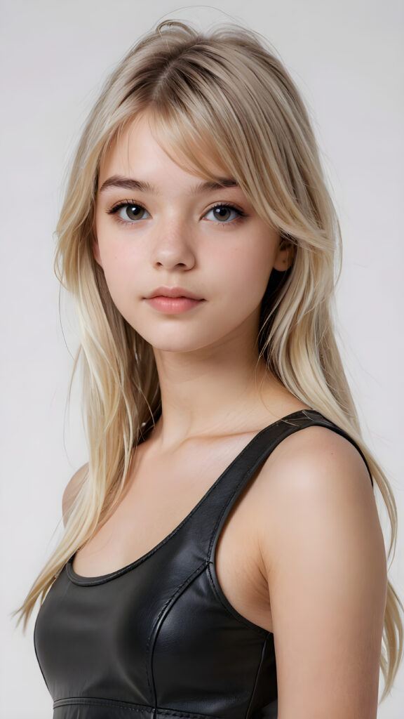 visualize a (((vividly detailed and realistic teen girl, 19 years old))) with straight, soft platinum blond long soft hair, bangs that cascade down the side of her face, ((she wears a thin and tight leather crop top that accentuates her perfect figure)), full lips, a sense of seduction captured through her posture and the (((white background))))