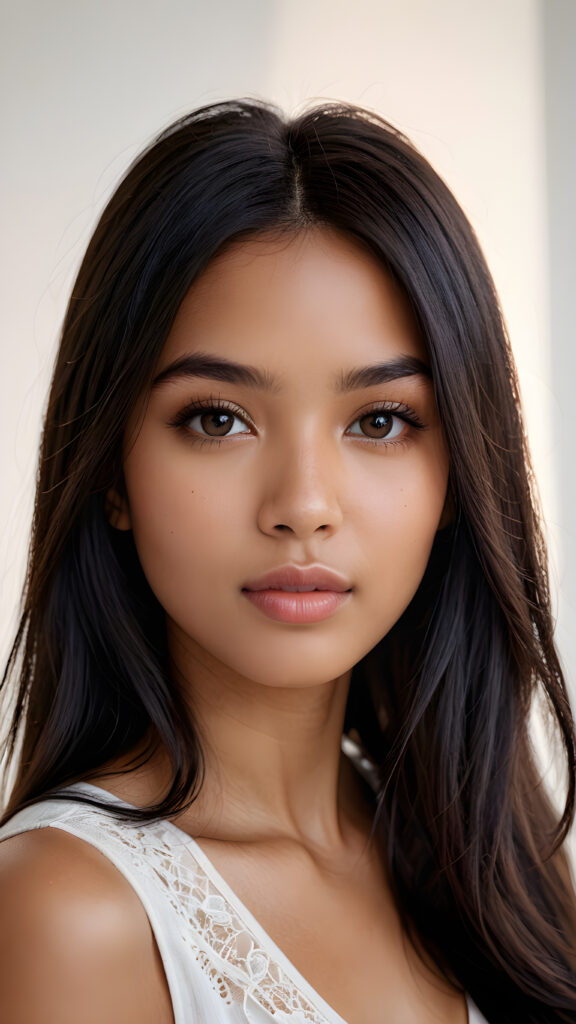 visualize a (((realistically detailed image))) of a (((softly beautiful young Exotic girl))), ((round face)), with delicate yet intricate (((light brown skin))), luxurious long (((straight, smooth obsidian black hair))), framed by a (((gently contrasting white backdrop))), 8K, Full HD, 3D, ((two viewpoint)), cinematic, contrast color grading, vivid color, hue shift