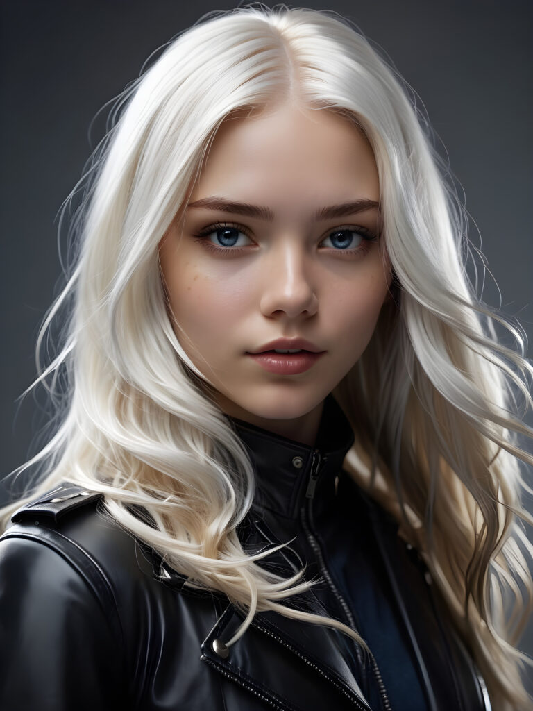 visualize a (((teen girl with flowing, white long soft hair and a perfectly curved figure))), dressed in a (((tight, black leather jacket))), combining mashup styles like (softly tinted gray and light bronze), with a soft focus technique that gives an (edgy yet soft look), pairing with (dark, crisp white and ink blue) for soft edges, creating an eye-catching overall aesthetic against a (subtle, grey backdrop)