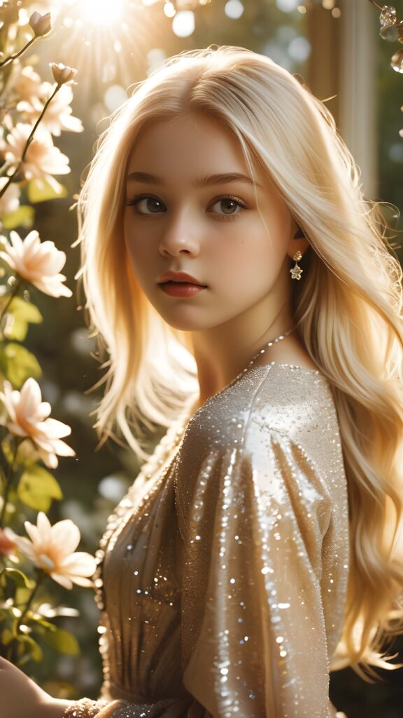 visualize a (((vividly drawn teenage girl))) with long, flowing blonde hair, standing against a backdrop of delicate blooms softly bathed in a (((vintage diamond sunlight filter))), her form and details reflect a timeless fantasy aesthetic that combines whimsy and nostalgia, as if captured through a shattered mirror