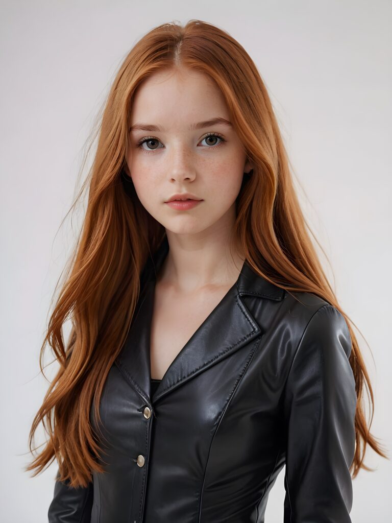 visualize a (((realistically detailed young teenage girl with long, soft straight red hair, framing her face with flowing, dark thin leather suit that expertly accentuates her stunningly gorgeous figure)), posed against a (translucent, ethereal white backdrop)