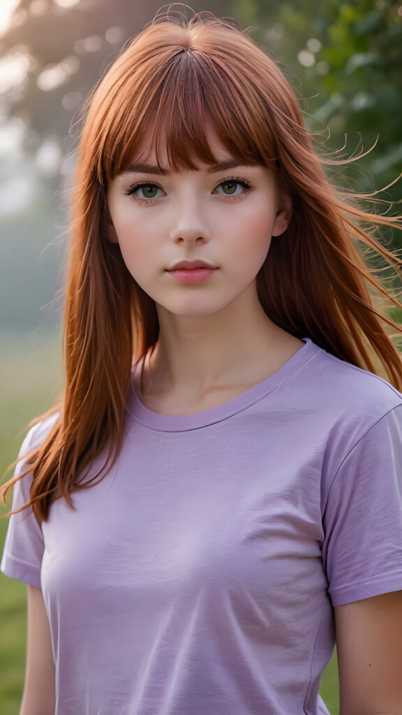 visualize a (((really detailed young teenage girl with long, soft straight red hair framing her face in classic bangs, her lips looking seductively, ((dressed in a plain violet t-shirt)) that accentuates every curve of her stunningly beautiful form, against a backdrop that suggests an ethereal mist