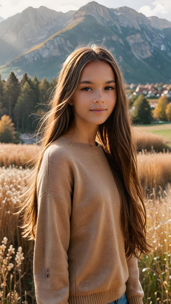 visualize a (((vividly beautiful scene))) where a (((cute tanned teen girl with super long straight jet brown hair))), wears a soft fine sweater made of wool, against a backdrop of a serene, (ethereal landscape)